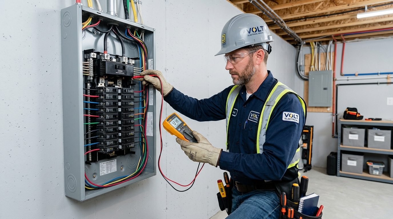 VGN Electrical licensed electrician inspecting a 200 amp electrical panel upgrade in an Ajax home